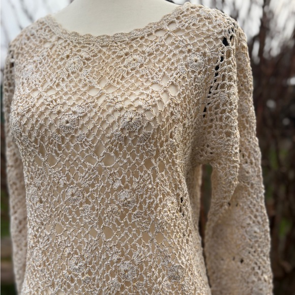 Sweaters - Hand-Crocheted Ivory Knit Tunic with Gold Thread Sz Sm